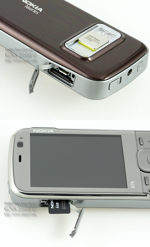 Nokia N79 - Слот для карт памяти и microUSB-разъем совмещены. Карта памяти 4Гб в комплекте.
